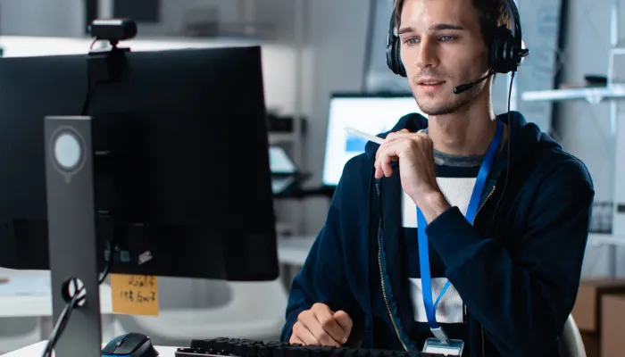 Customer support agent working at computer with headset