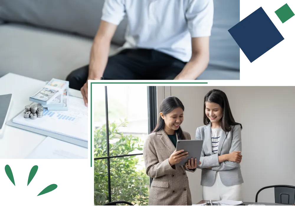 Person reviewing money and team analyzing data on tablet